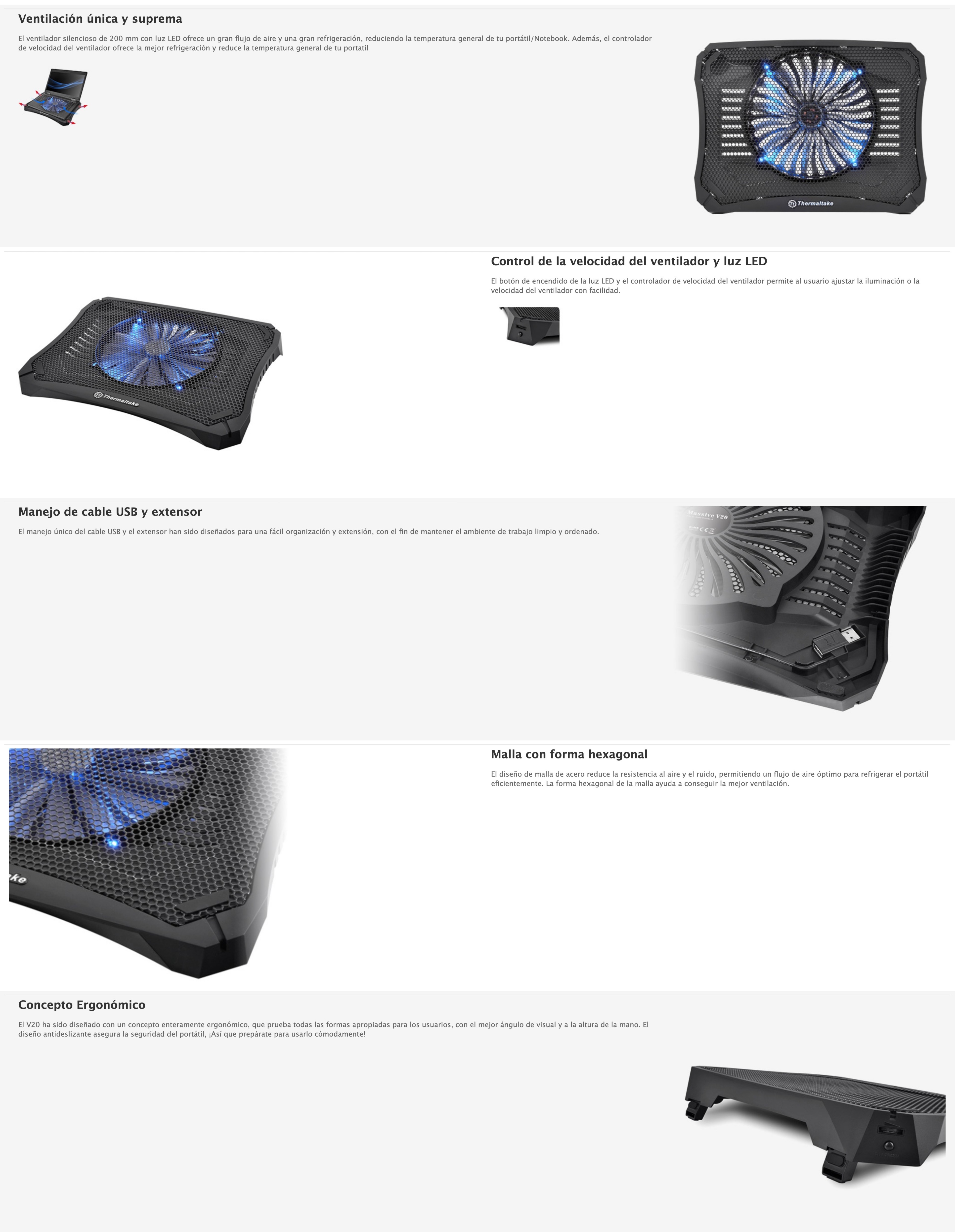 Base para Laptop con Ventilador Massive V20 - Thermaltake Massive V20. Tamaño máximo de pantalla: 43.2 cm (17"), Número de ventiladores incluidos: 1 pieza(s), Tamaño mínimo de pantalla: 25.4 cm (10"). Color del producto: Negro, Materiales: Plástico, Iluminación de color: Azul. Tipo de alimentación: USB. Peso: 700 g. Dimensiones (Ancho x Profundidad x Altura): 365 x 276 x 42 mm