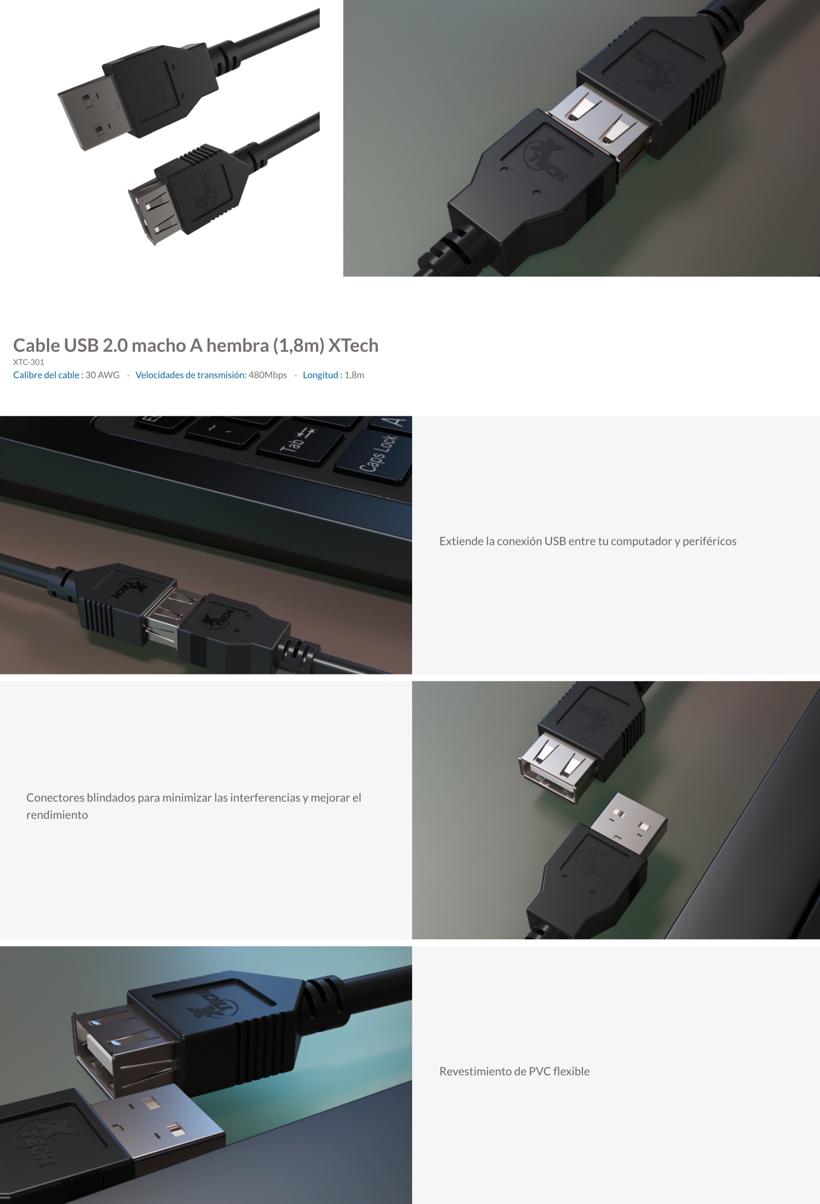 Conexión USB-A 2.0 macho-hembra USB-A 2.0
