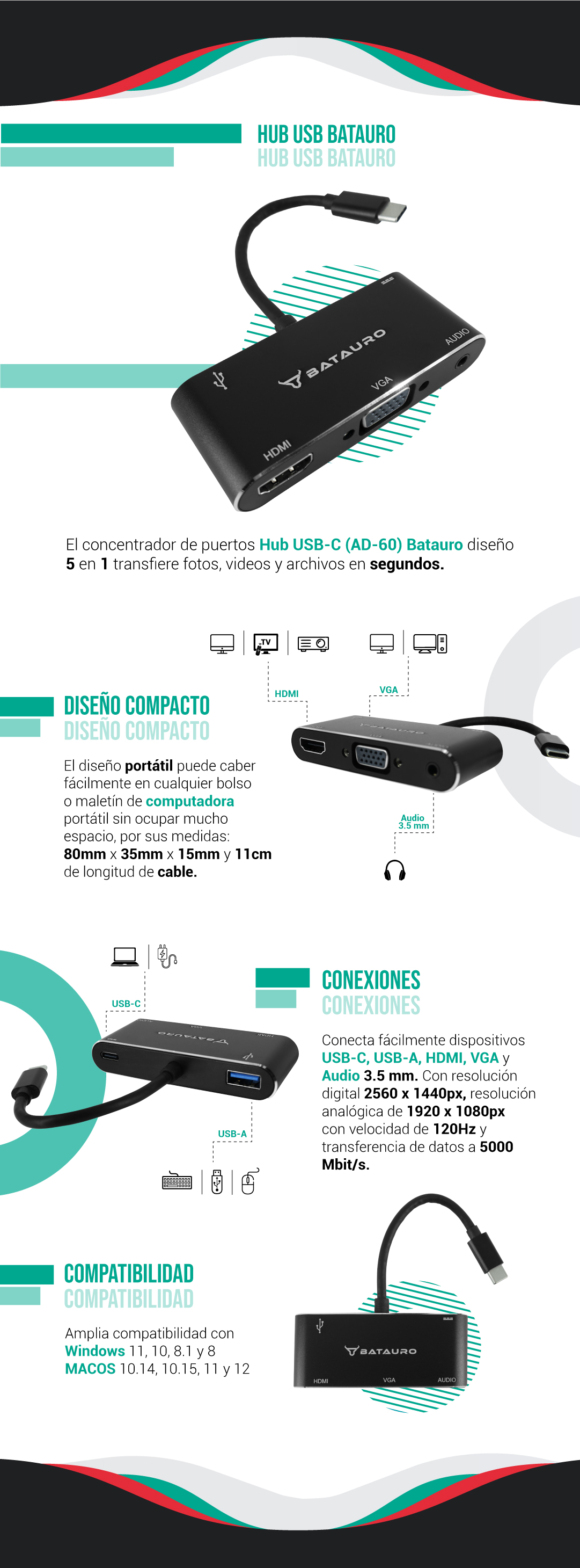 Hub USB-C Batauro 1 x HDMI 1 x VGA 1 x 3.5mm 1 x USB 3.0 1 x PD Negro