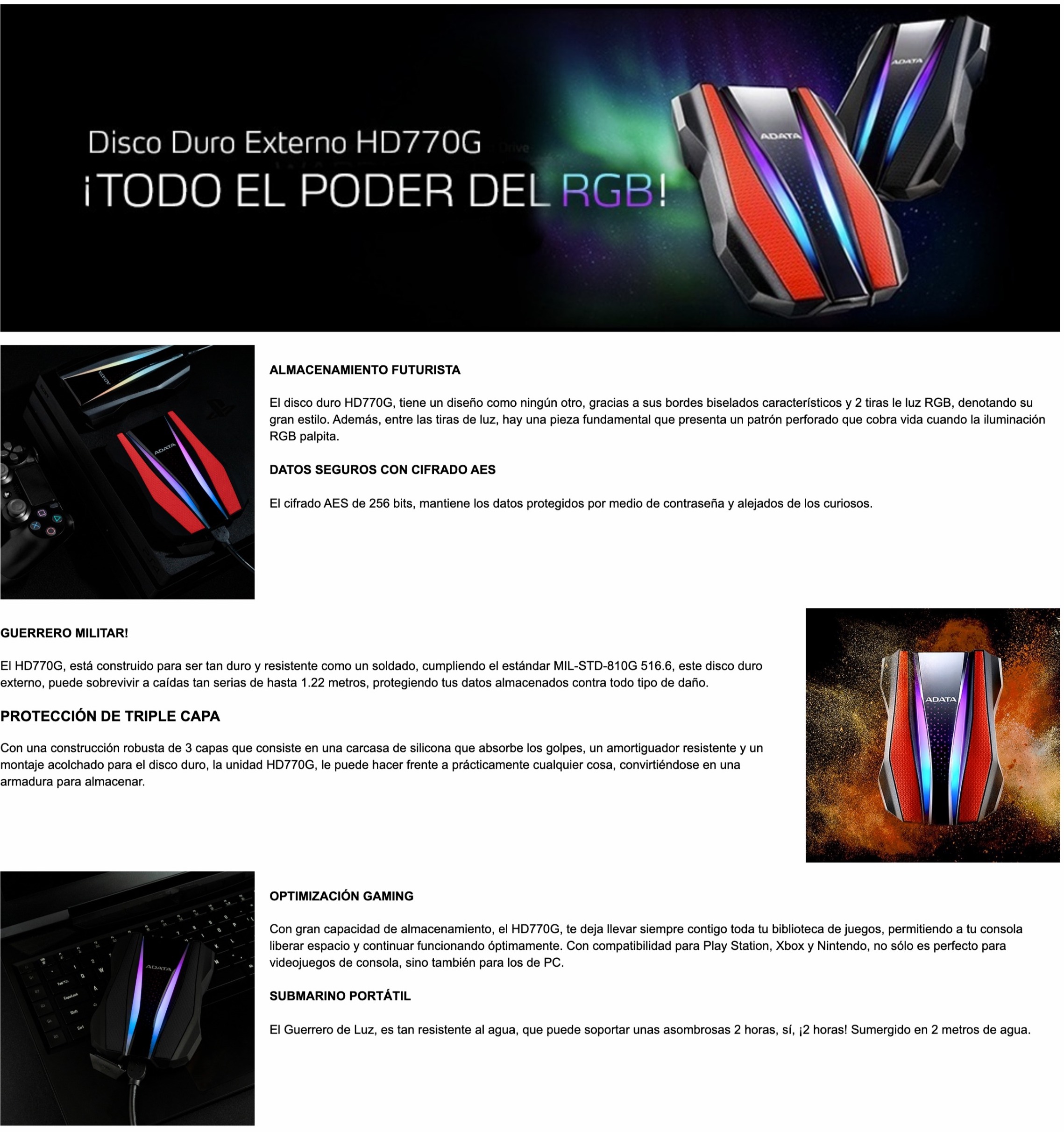 Disco Duro Externo Adata / 1 tb / USB / Luz RGB / Negro